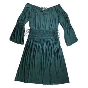 Eva Mendes Teal Off-Shoulder Midi Dress Bell Sleeves‎ Medium Gypsy Boho Hippie